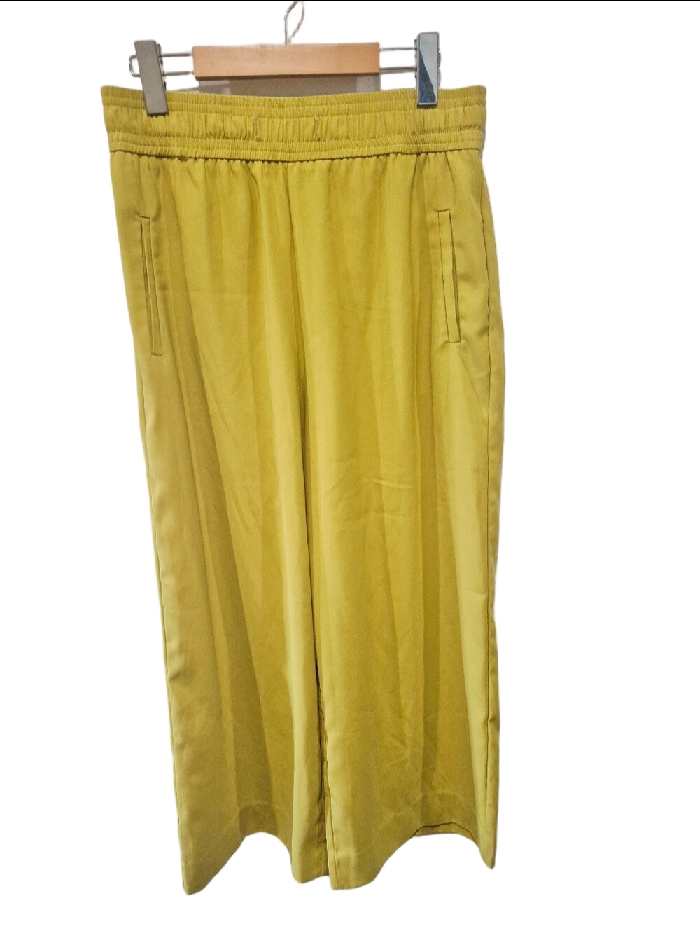 Zara Women's Size M High Rise Elastic Waist Satin Wide Leg Pants Mustard Lime